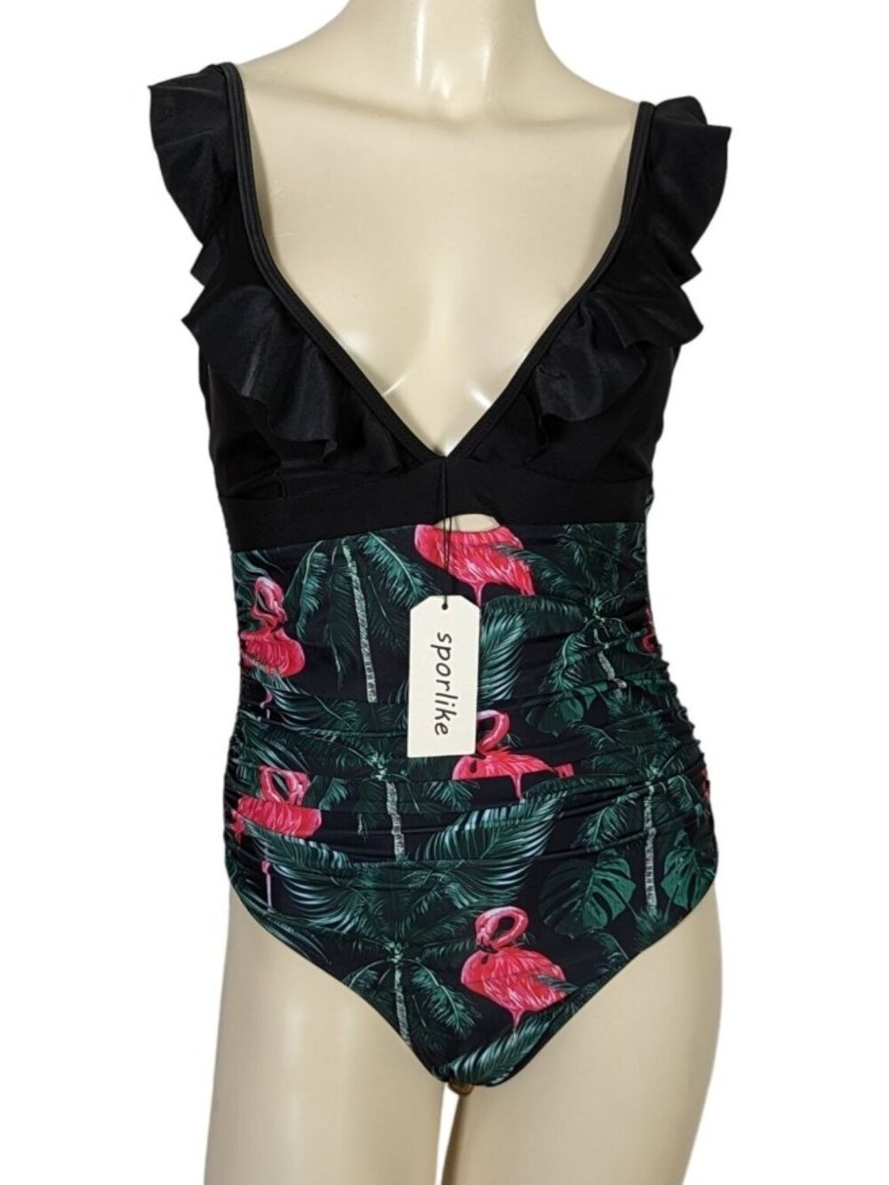 SPORLIKE one piece Flamingo V Neck Swimsuit Size Small New